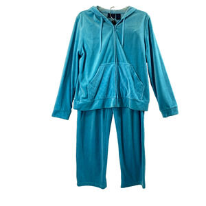 Womens Velour Pants & Zip Hoodie Jacket Size Medium Y2K Turquoise Blue Tracksuit